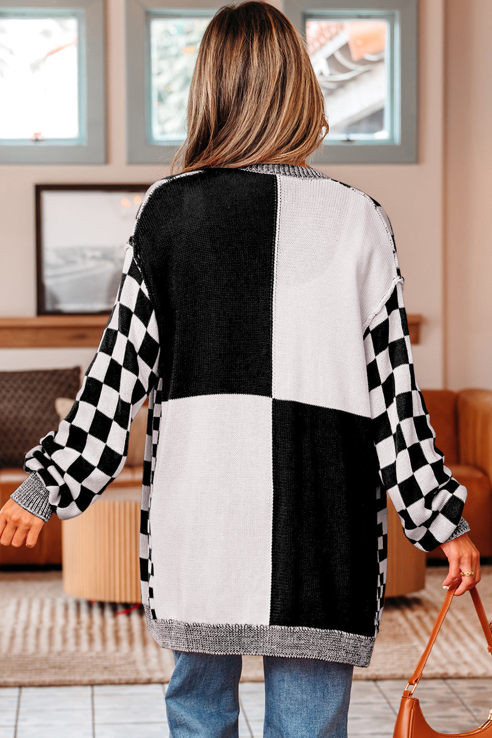 Cardigan à motif damier pour femmes