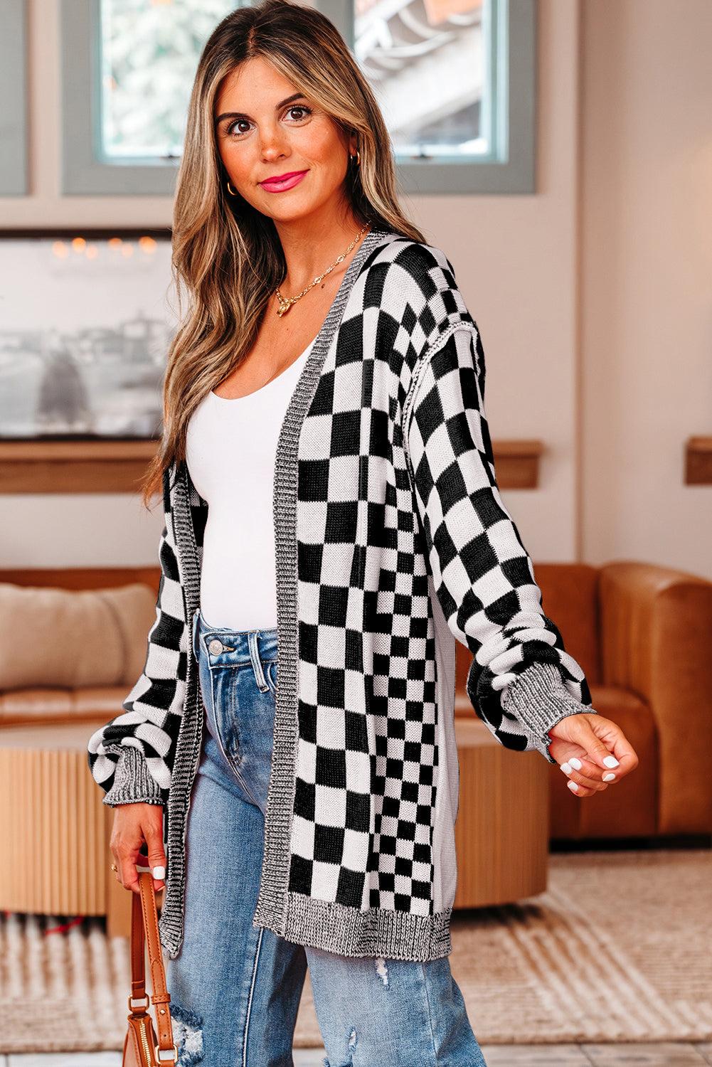 Cardigan à motif damier pour femmes