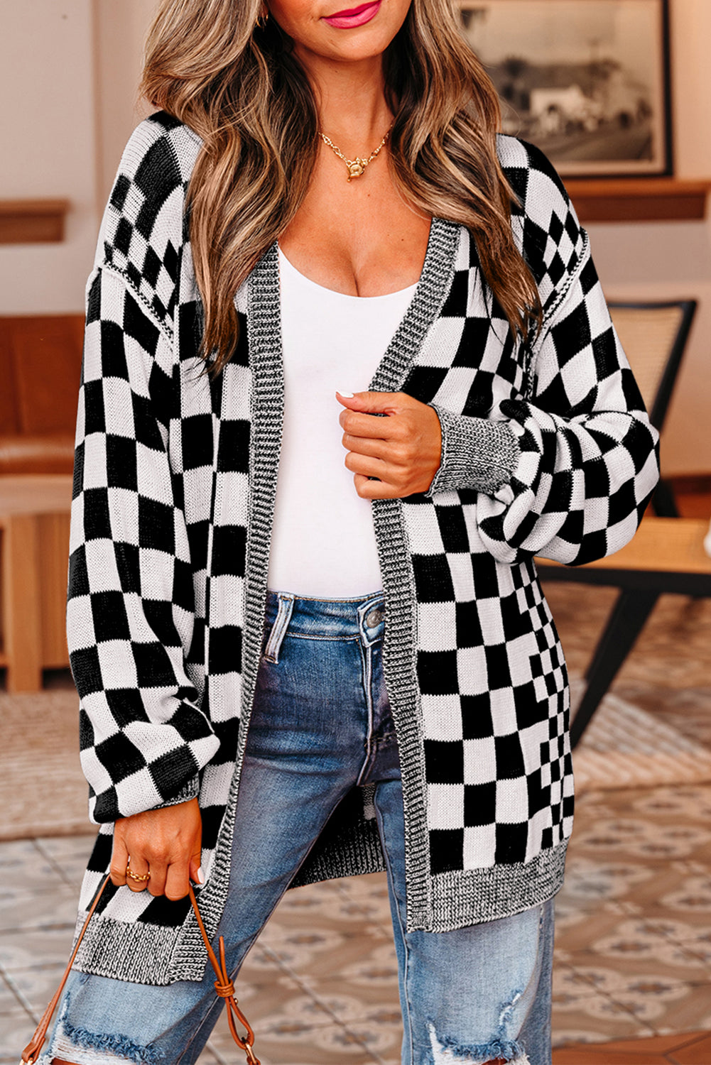Cardigan à motif damier pour femmes