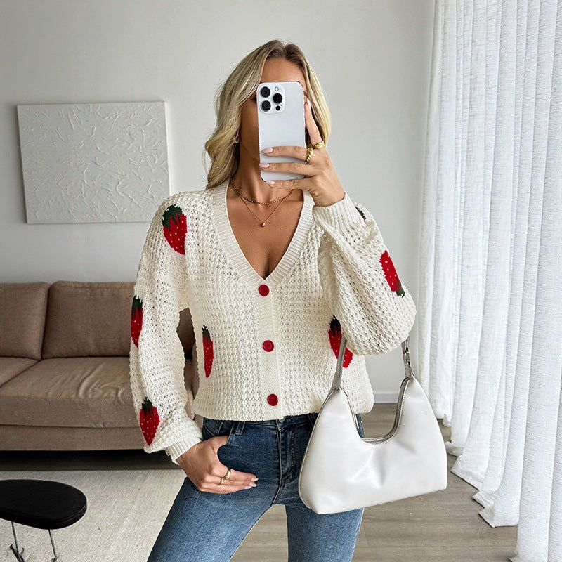 Cardigan court à motif fraises pour femmes