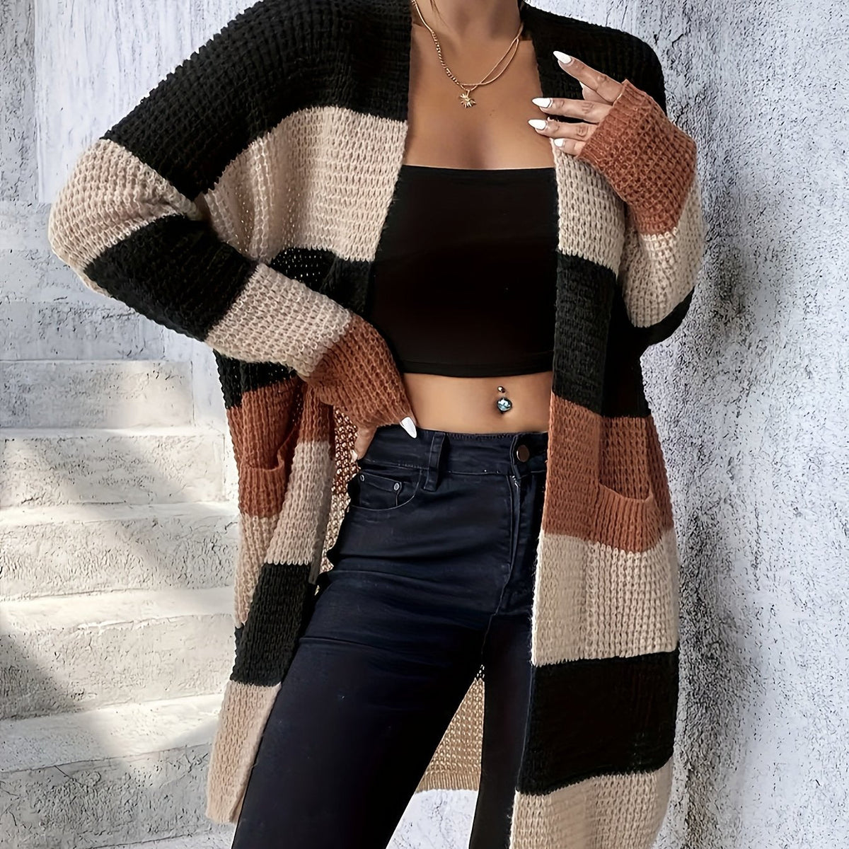 Cardigan long colorblock pour femmes