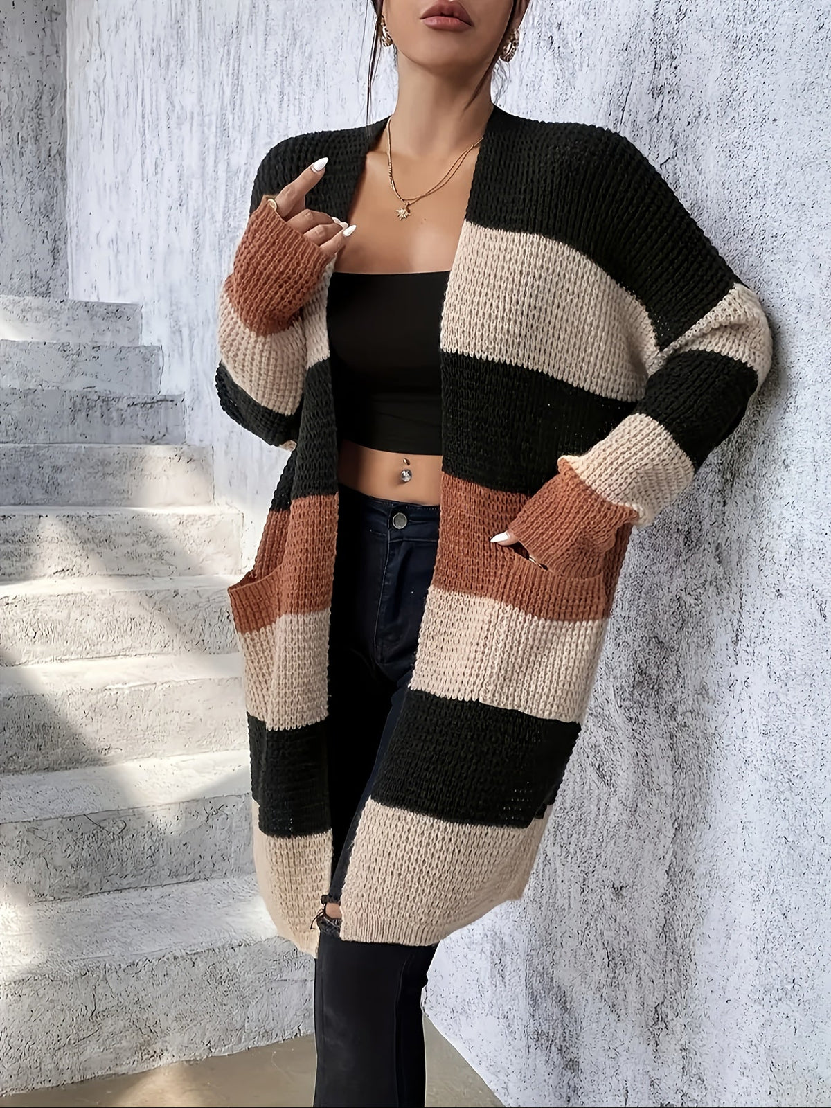 Cardigan long colorblock pour femmes