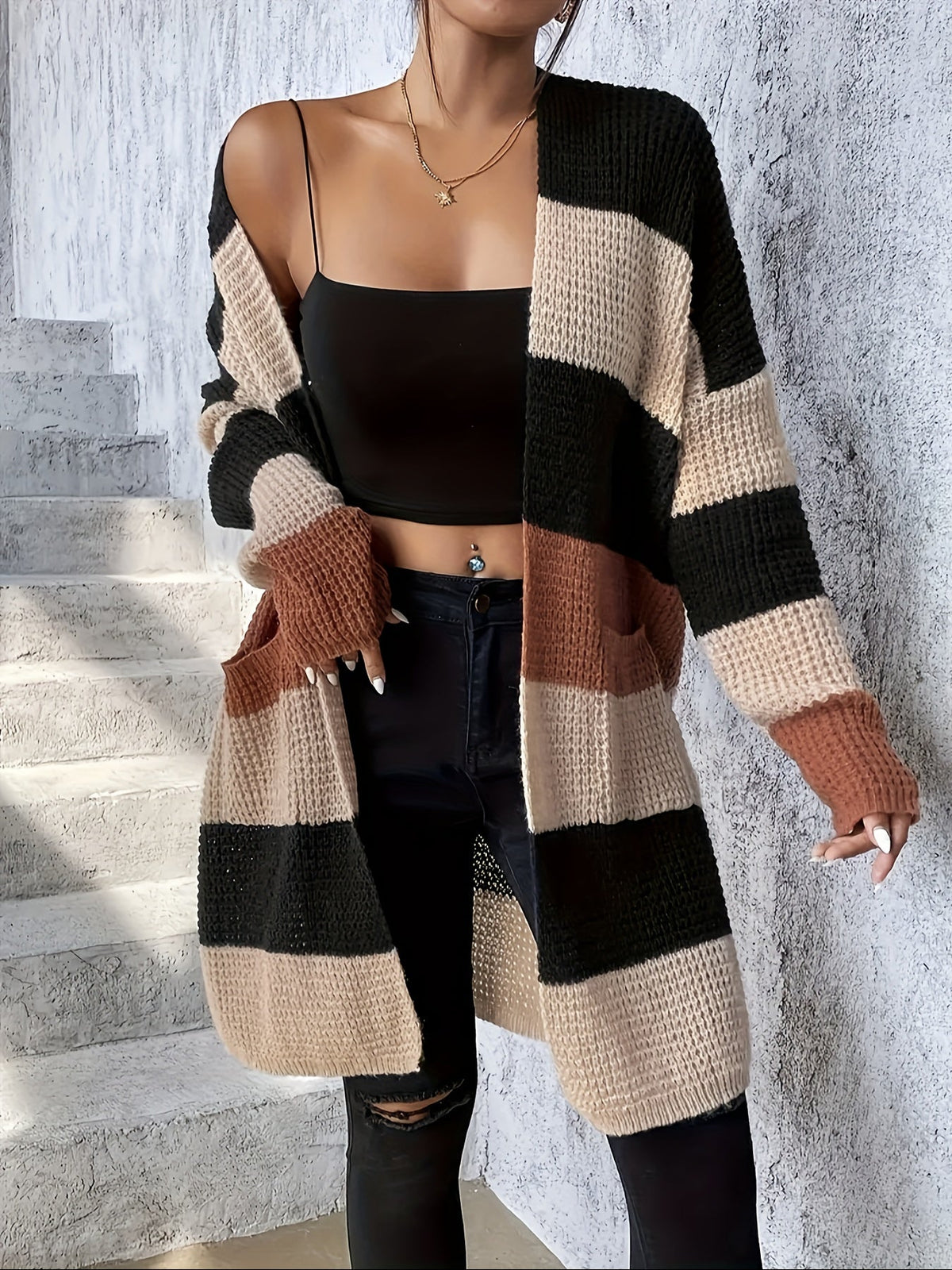 Cardigan long colorblock pour femmes