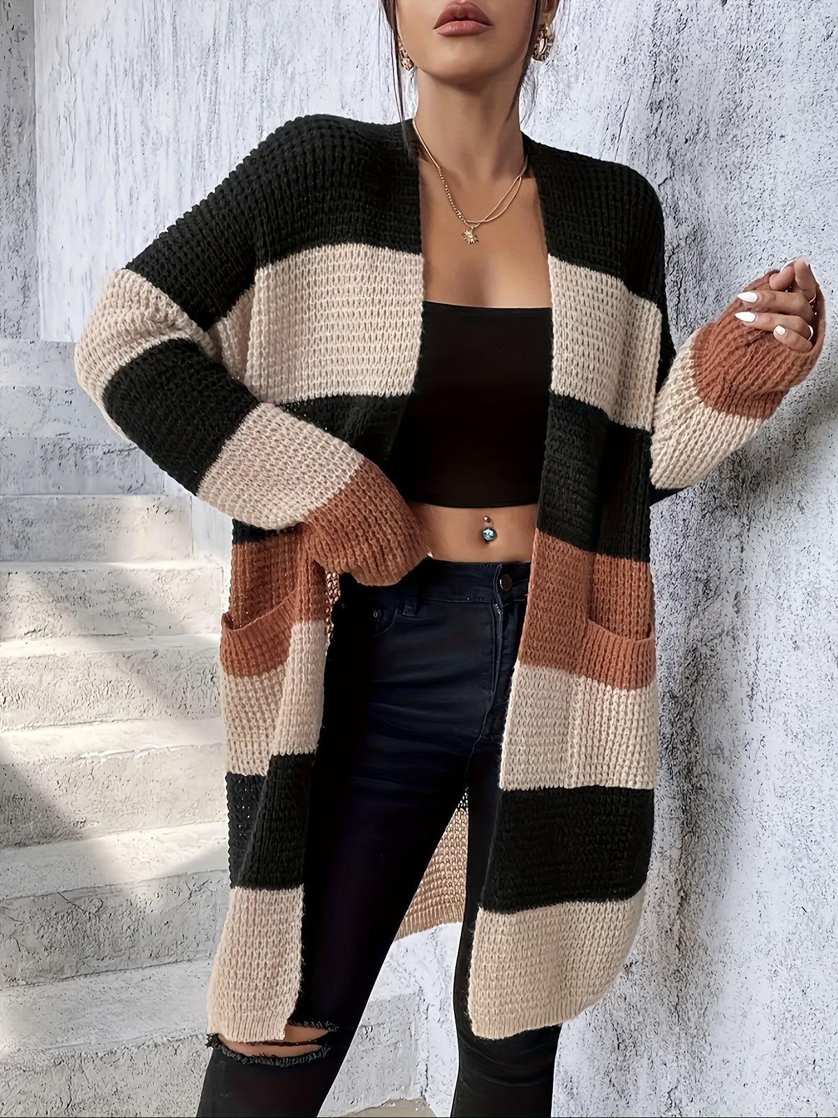 Cardigan long colorblock pour femmes