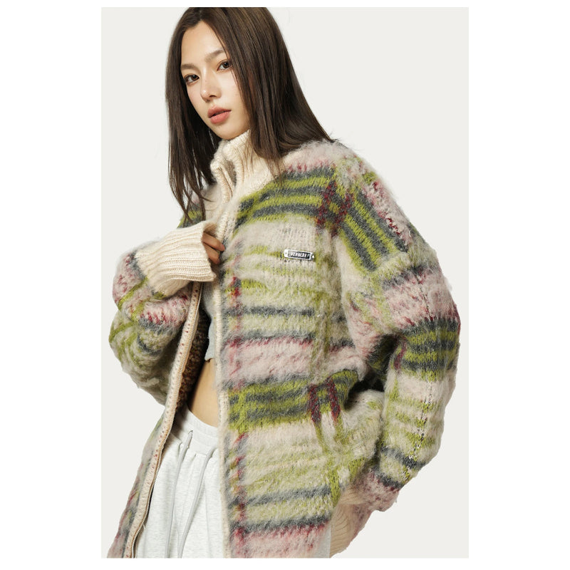 Cardigan zippé à col montant et motif multicolore pour femmes