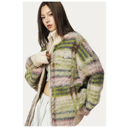 Cardigan zippé à col montant et motif multicolore pour femmes