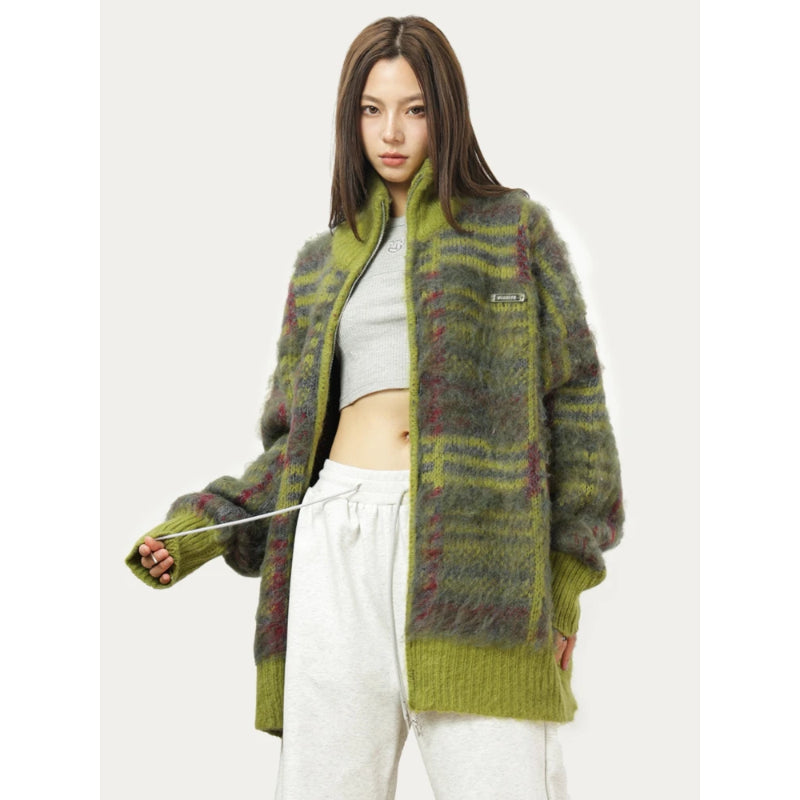 Cardigan zippé à col montant et motif multicolore pour femmes