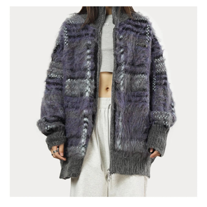Cardigan zippé à col montant et motif multicolore pour femmes