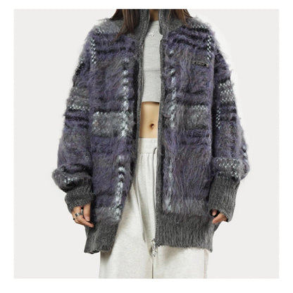Cardigan zippé à col montant et motif multicolore pour femmes