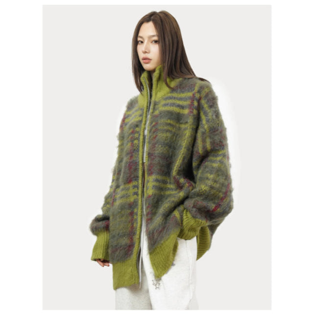 Cardigan zippé à col montant et motif multicolore pour femmes
