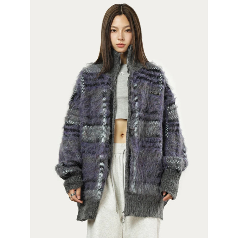 Cardigan zippé à col montant et motif multicolore pour femmes