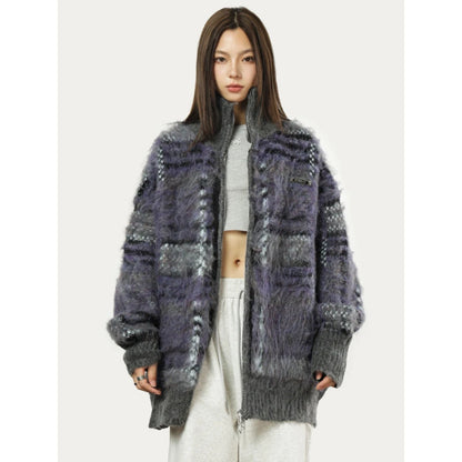 Cardigan zippé à col montant et motif multicolore pour femmes