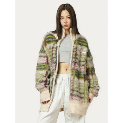 Cardigan zippé à col montant et motif multicolore pour femmes