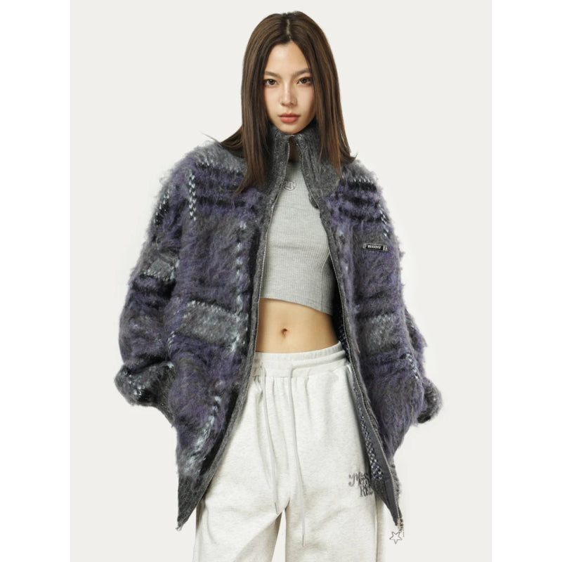 Cardigan zippé à col montant et motif multicolore pour femmes