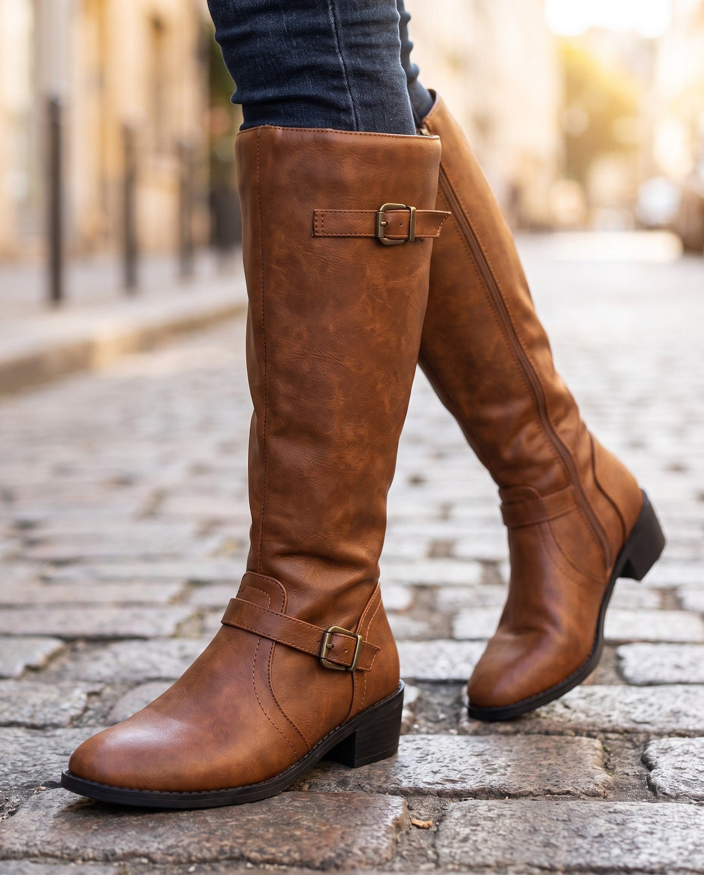 Bottes Hauteur Genou Avec Sangles À Boucle Et Talon Bloc Pour Femme | Idéales Pour L'automne Et L'hiver