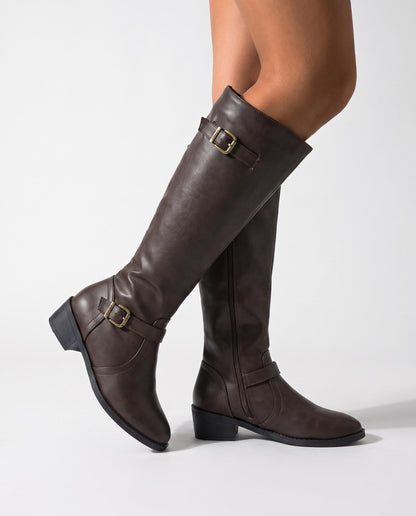 Bottes Hauteur Genou Avec Sangles À Boucle Et Talon Bloc Pour Femme | Idéales Pour L'automne Et L'hiver