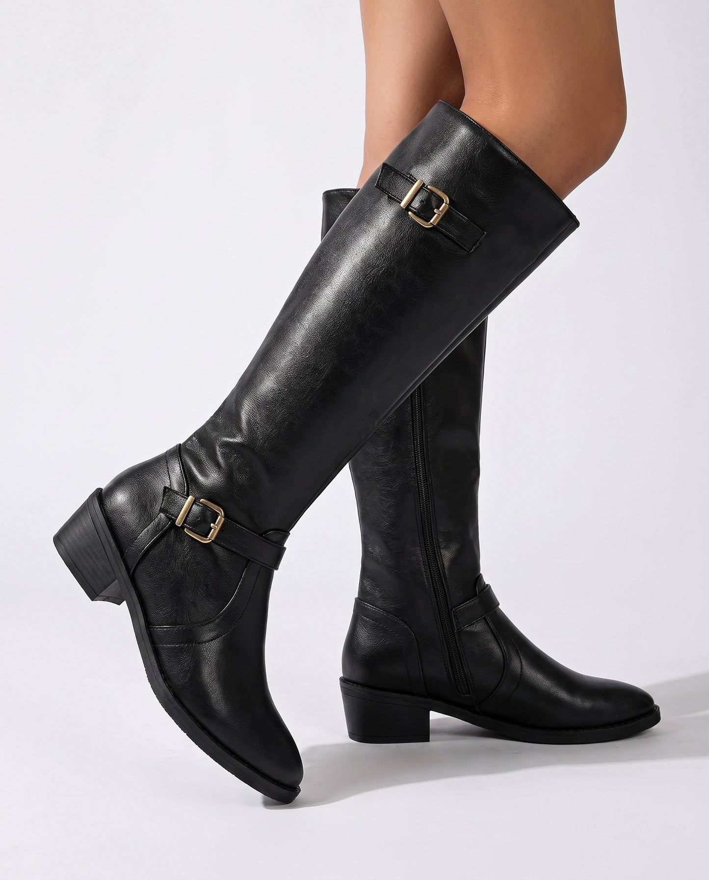 Bottes Hauteur Genou Avec Sangles À Boucle Et Talon Bloc Pour Femme | Idéales Pour L'automne Et L'hiver