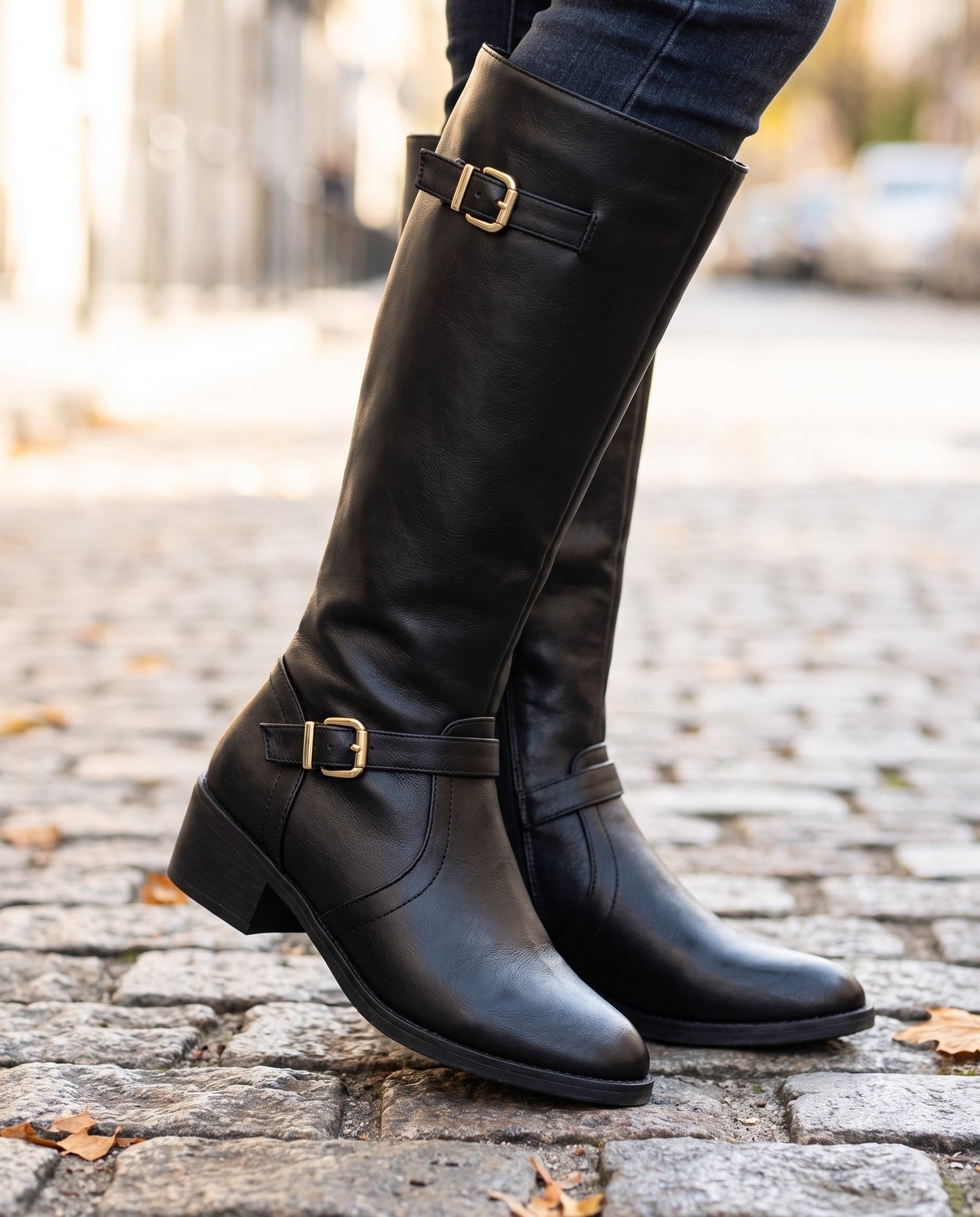 Bottes Hauteur Genou Avec Sangles À Boucle Et Talon Bloc Pour Femme | Idéales Pour L'automne Et L'hiver