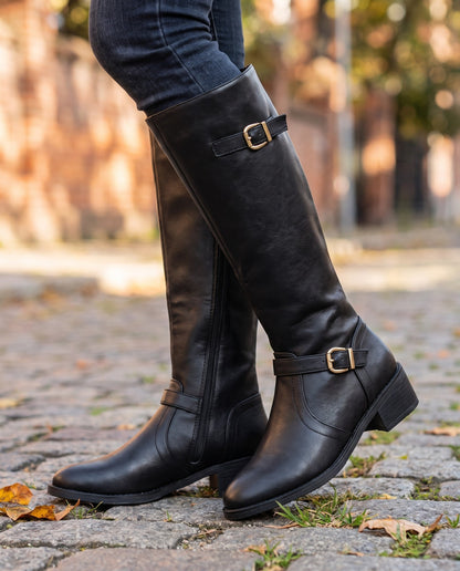 Bottes Hauteur Genou Avec Sangles À Boucle Et Talon Bloc Pour Femme | Idéales Pour L'automne Et L'hiver