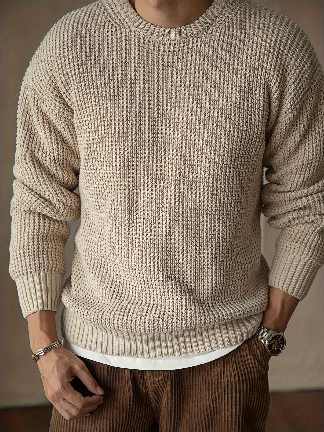 Pull Tricoté à Texture Gaufrée avec Col Rond pour Hommes | Idéal pour la Mi-Saison