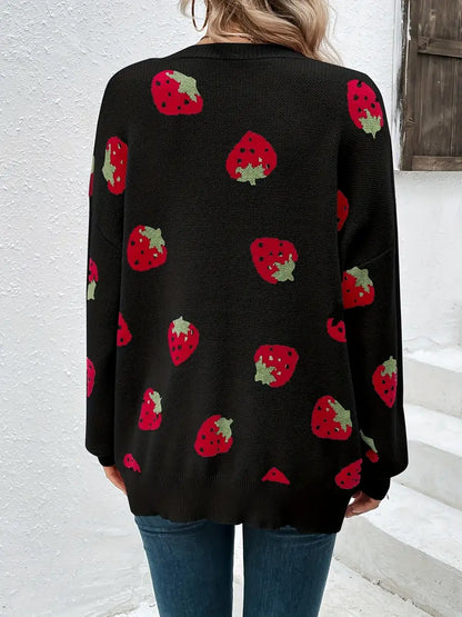 Cardigan motif fraises manches longues pour femmes