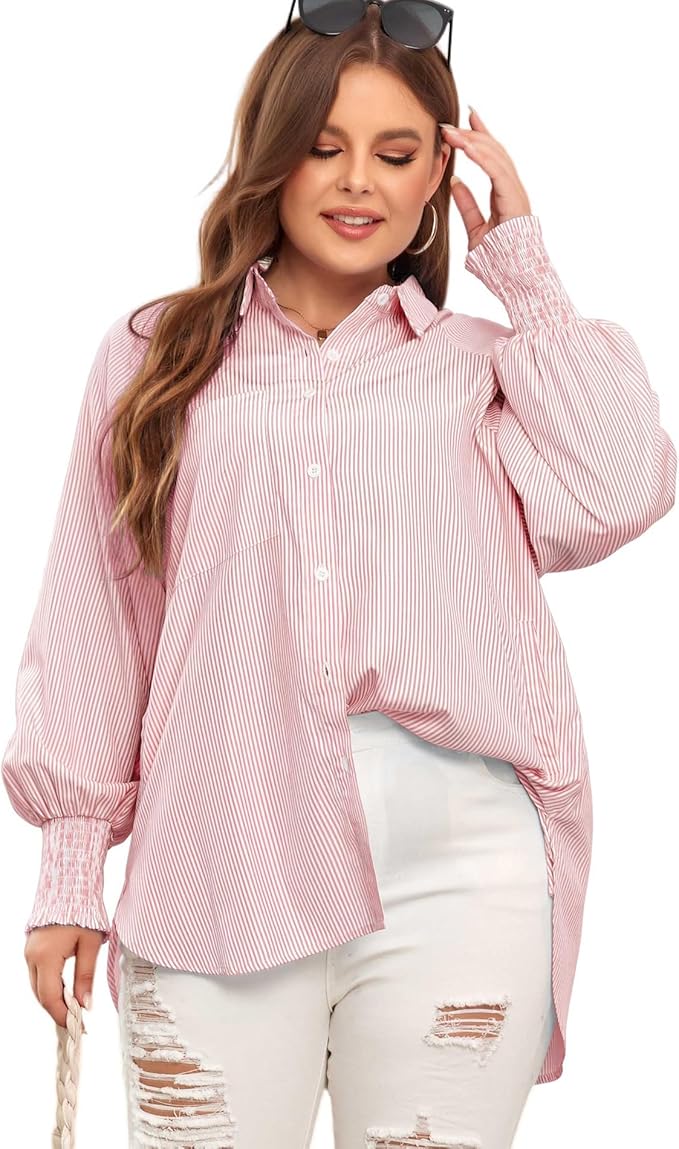 Chemise Mi-Longue Avec Col À Revers Rayé Et Manches Oversize Resserées Pour Femme | Idéale Pour Le Printemps Et L’Été
