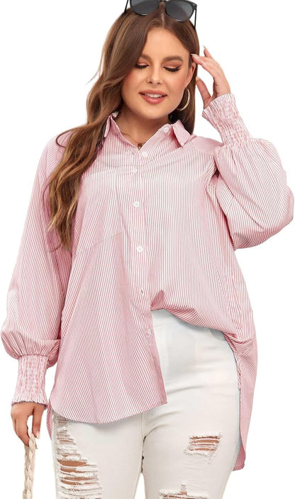 Chemise Mi-Longue Avec Col À Revers Rayé Et Manches Oversize Resserées Pour Femme | Idéale Pour Le Printemps Et L’Été