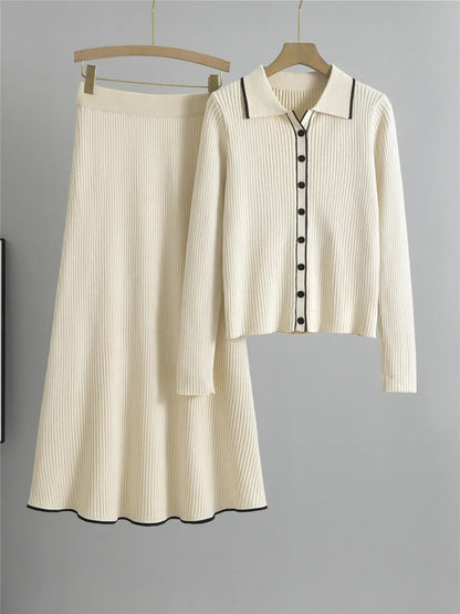 Ensemble Deux Pièces Avec Cardigan Boutonné Et Jupe Taille Élastique Pour Femmes | Idéal Pour Usage Quotidien Et Sorties