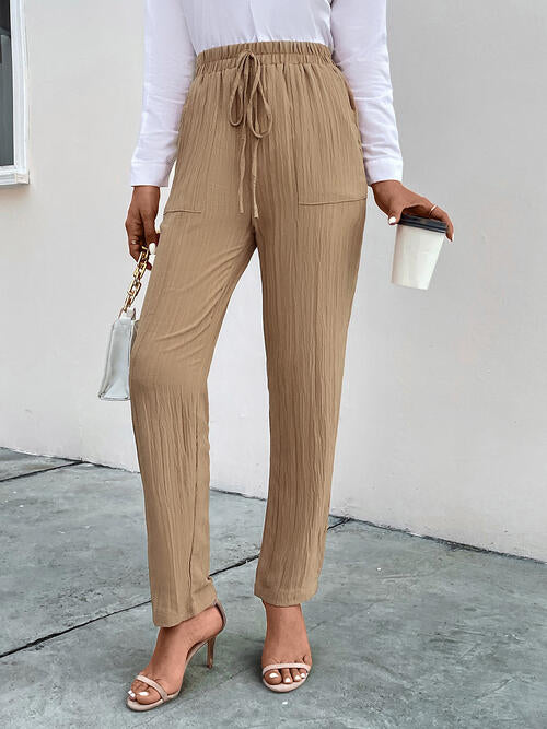 Pantalon Texturé À Cordon De Serrage Avec Poches Pour Femme | Idéal Pour Un Usage Quotidien
