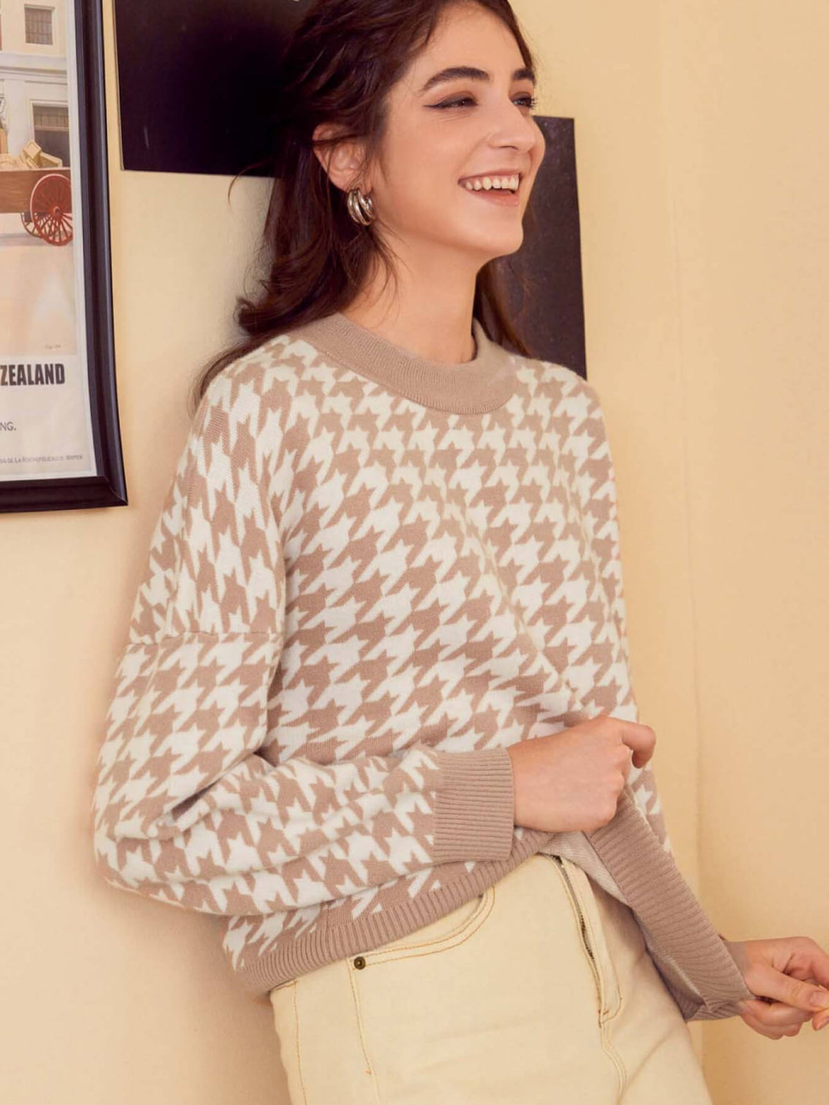 Pull Motif Pied-de-Poule Avec Manches Longues Pour Femmes | Idéal Pour Le Quotidien