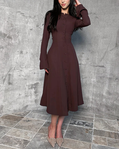 Robe Midi Boutonnée Avec Taille Cintrée Et Manches Longues Pour Femmes | Adaptée Aux Tenues Quotidiennes