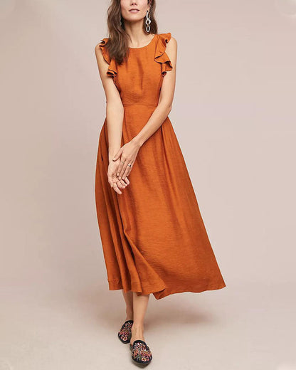 Robe Midi Sans Manches Avec Volants Aux Épaules Pour Femme | Idéal Pour Bureau Et Occasions