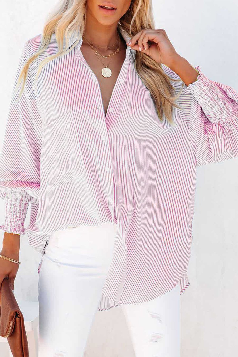 Chemise Mi-Longue Avec Col À Revers Rayé Et Manches Oversize Resserées Pour Femme | Idéale Pour Le Printemps Et L’Été