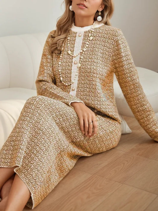Ensemble Deux Pièces avec Veste à Col Rond Contrasté et Jupe Midi pour Femmes | Idéal pour Événements et Réunions