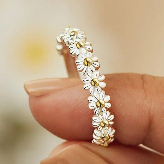 Bague Argentée Avec Fleur De Marguerite Émaillée Et Taille Ajustable Pour Femmes | Idéale Pour Le Printemps