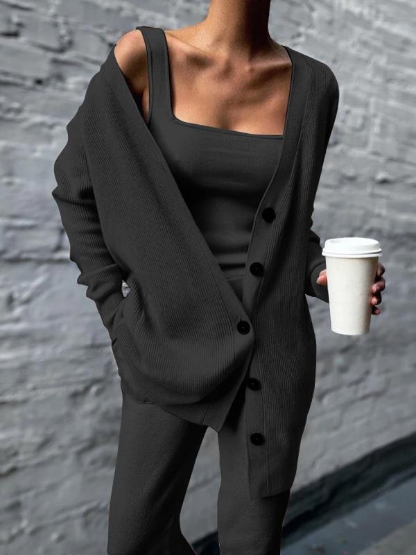 Ensemble Trois Pièces en Maille Côtelée avec Cardigan Long pour Femme | Idéal pour la Mi-Saison