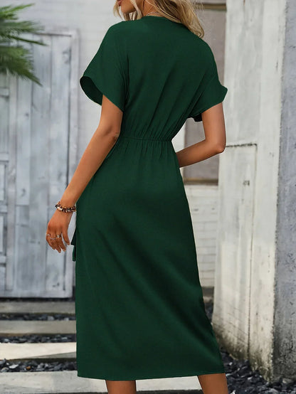 Robe Midi Portefeuille avec Décolleté en V et Manches Courtes à Volants pour Femme | Idéale pour le Quotidien et les Sorties