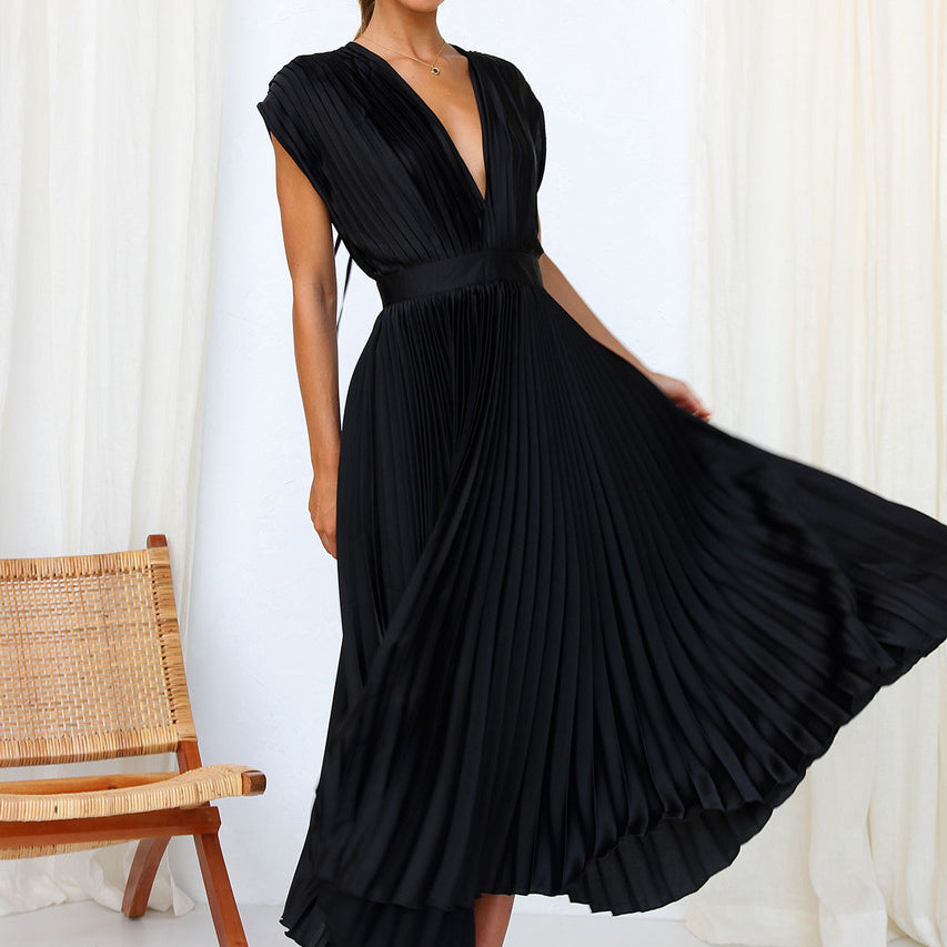 Robe Midi Plissée Avec Encolure En V Pour Femme | Idéal Pour Occasions Et Événements