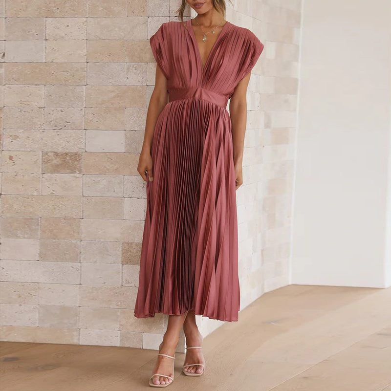 Robe Midi Plissée Avec Encolure En V Pour Femme | Idéal Pour Occasions Et Événements