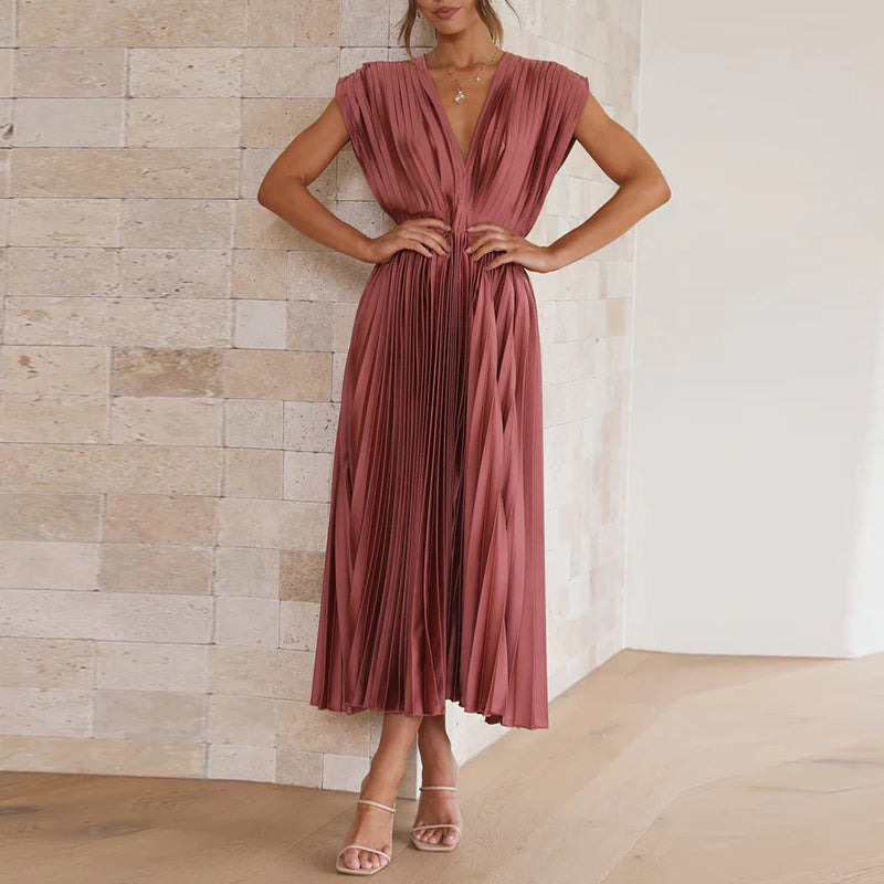 Robe Midi Plissée Avec Encolure En V Pour Femme | Idéal Pour Occasions Et Événements