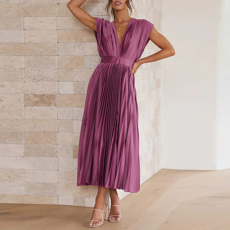 Robe Midi Plissée Avec Encolure En V Pour Femme | Idéal Pour Occasions Et Événements