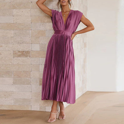 Robe Midi Plissée Avec Encolure En V Pour Femme | Idéal Pour Occasions Et Événements