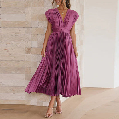Robe Midi Plissée Avec Encolure En V Pour Femme | Idéal Pour Occasions Et Événements