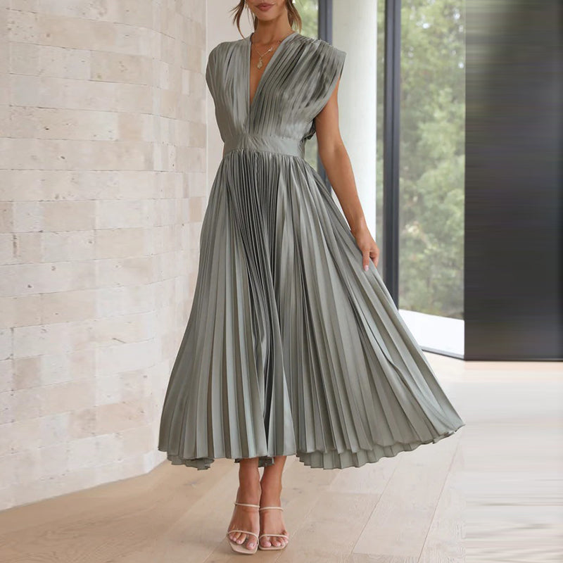 Robe Midi Plissée Avec Encolure En V Pour Femme | Idéal Pour Occasions Et Événements
