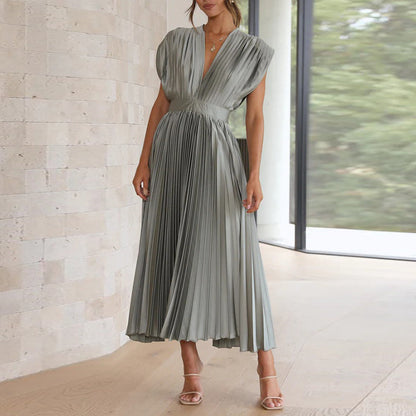 Robe Midi Plissée Avec Encolure En V Pour Femme | Idéal Pour Occasions Et Événements