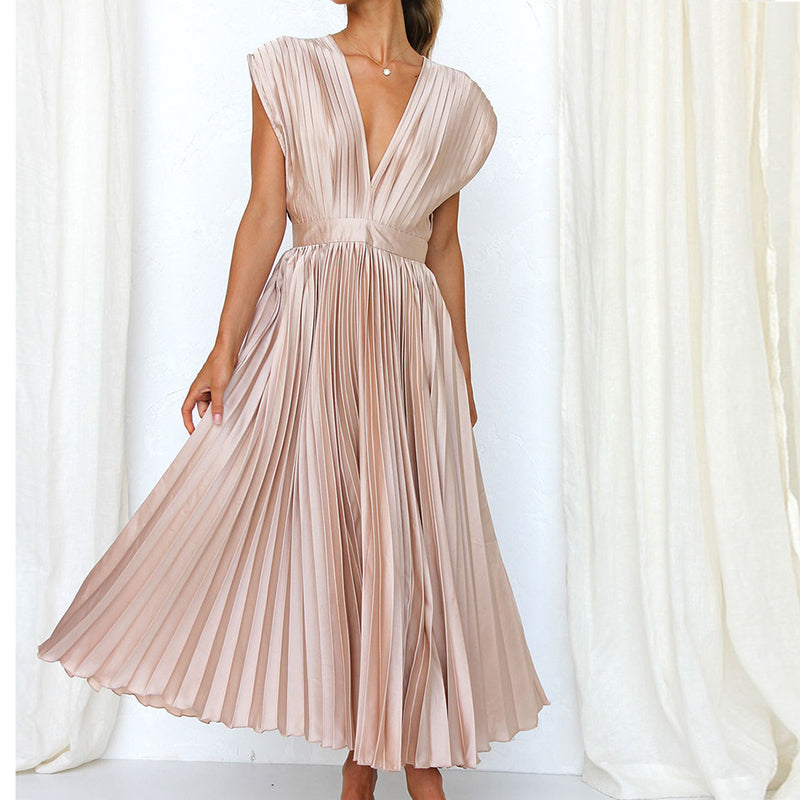Robe Midi Plissée Avec Encolure En V Pour Femme | Idéal Pour Occasions Et Événements