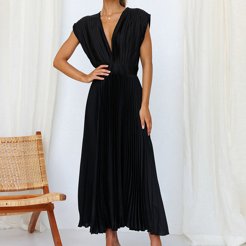 Robe Midi Plissée Avec Encolure En V Pour Femme | Idéal Pour Occasions Et Événements
