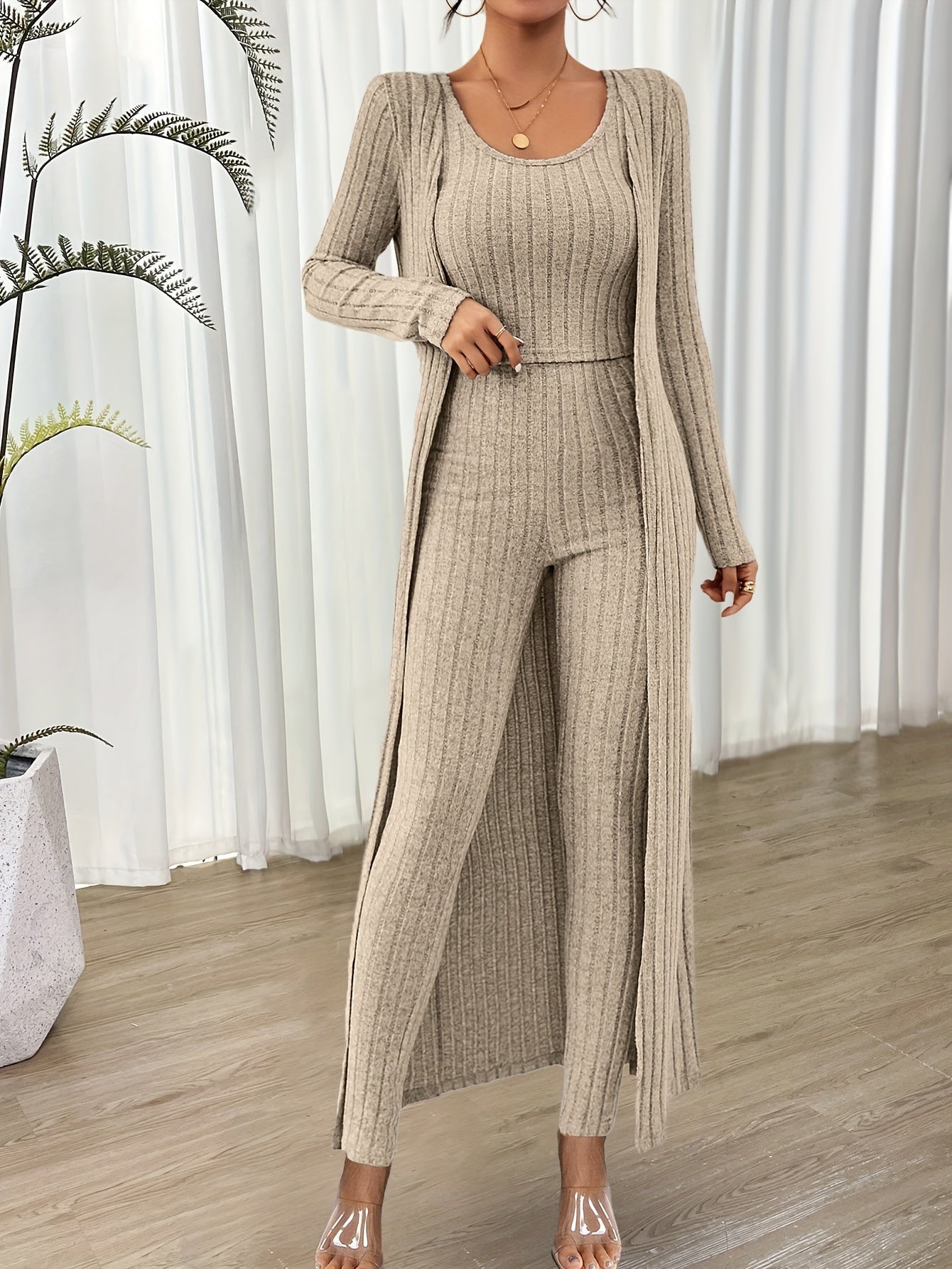 Ensemble Loungewear Trois Pièces avec Cardigan Long pour Femmes | Idéal pour la Maison