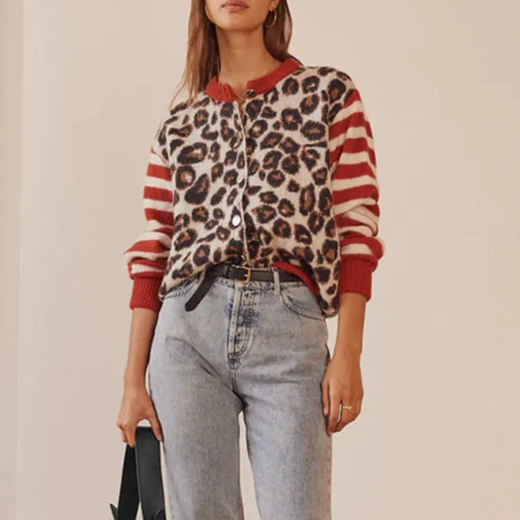 Cardigan avec imprimé léopard et manches rayées pour femme | Idéal pour l'automne
