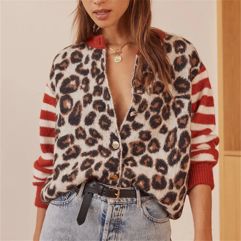 Cardigan avec imprimé léopard et manches rayées pour femme | Idéal pour l'automne